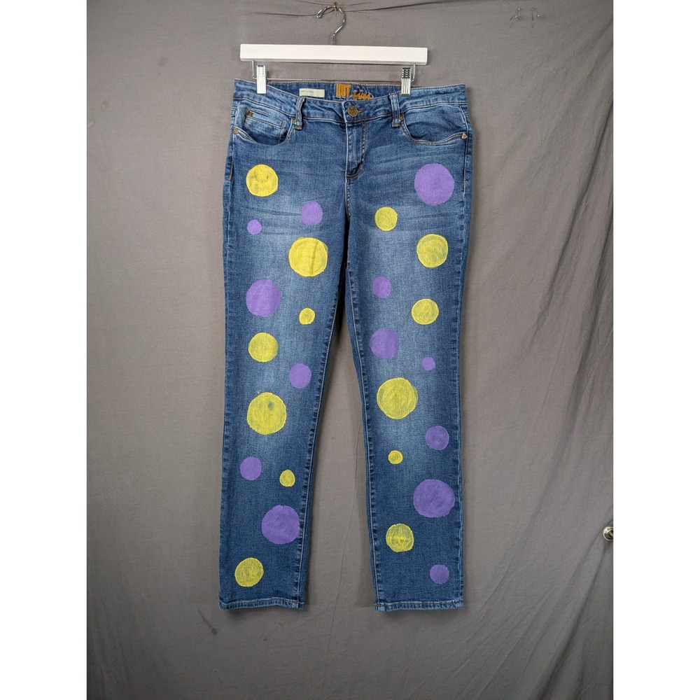 KUT from the Kloth Womens Polka Dot Hand Painted Jeans Blue Straight Leg Size 12